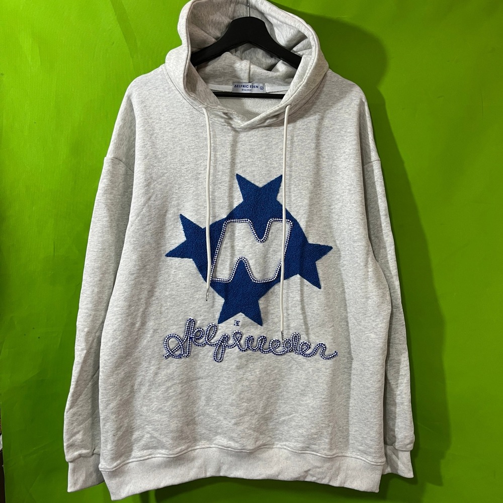 Aelfric Eden Grey Star OVERSIZE Chenille Patch Hoodie Mens Medium Streetwear